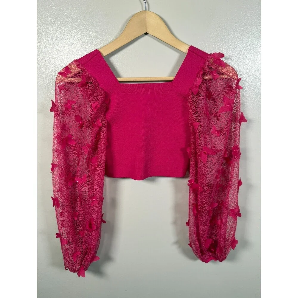 Free People Flutter By Crop Top Size XS Pink Butterfly Whimsical Ethereal